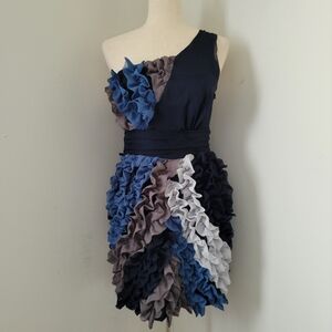 Lulumari | Blue Ruffles on Ruffles One Shoulder Mini Dress